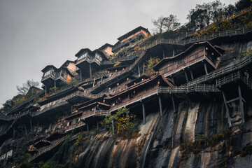 Wangxian Valley, 08 Dec 2024 China, Scenic mountain cliffside path view, surrounded by nature and...
