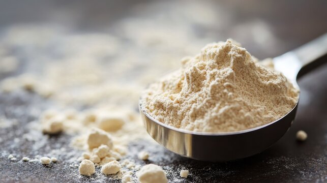 Measuring spoon filled with vanilla protein powder
