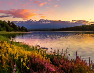 Sunset at the lake with mountains in the background and wildflowers