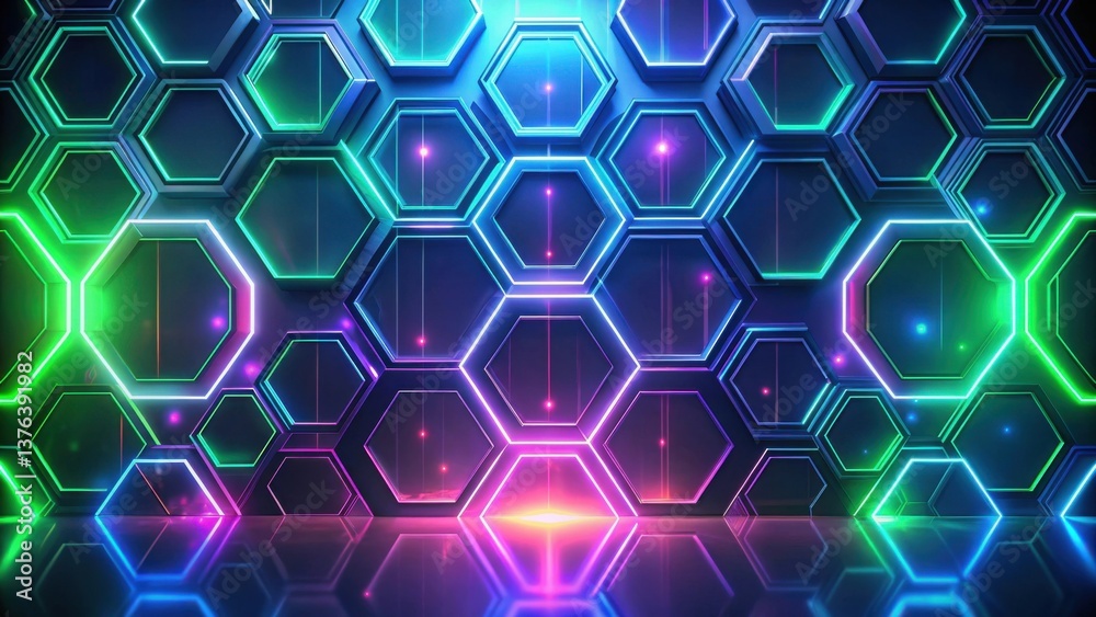 Poster Abstract Hexagonal Neon Light Structure with Vibrant Glowing Lines and Reflective Floor
