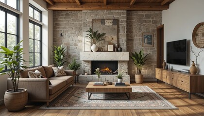 Warm living room with stone fireplace, brown sofa, wood accents, plants, and natural light creating a cozy and inviting atmosphere.