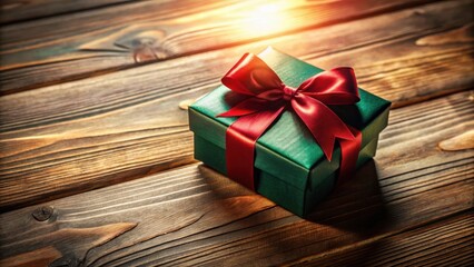 A luxuriously wrapped emerald green present with a vibrant crimson ribbon, resting elegantly on a rich dark wood surface, bathed in warm, inviting sunlight.