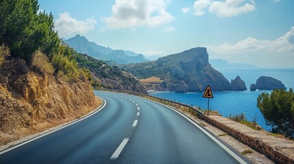 Obraz premium Driving Scenic Coastal Road on Mallorca Island Under Summer Blue Sky