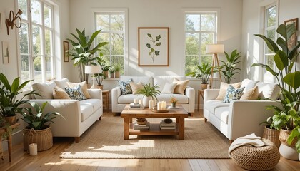 Bright living room with neutral decor. Cozy seating area with white sofas, natural light, and indoor plants. Relaxing home interior.