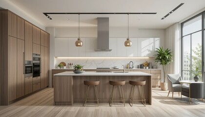 Fototapeta premium A modern kitchen with wood grain cabinets, marble backsplash, a kitchen island with bar stools, and a sitting area with a window view.