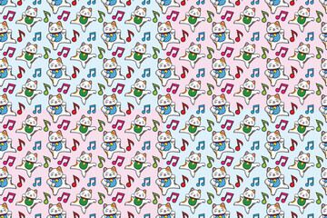 seamless pattern of Cute smiling Japanese lucky cat called Maneki Neko in dancing action with music note symbols background  in blue and pink checkerboard drawing in colorful cartoon vector