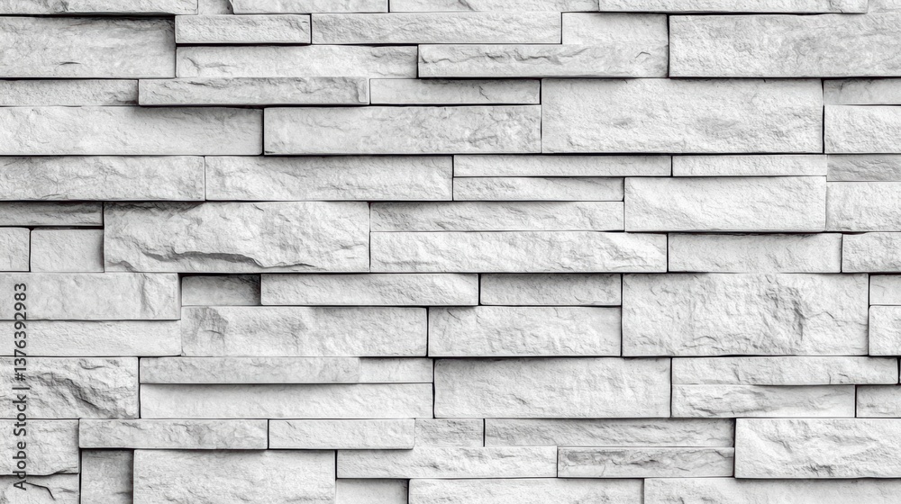 Poster close-up view of a textured wall featu rectangular light gray stone tiles arranged in a staggered pa