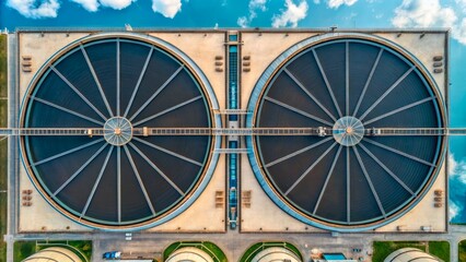 Naklejka premium Aerial View of Two Large Circular Tanks at a Modern Facility
