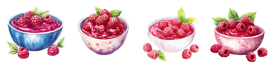 Watercolor set of raspberry jam png. Raspberry jam in a deep bowl decorated with raspberry berries and leaves from a raspberry bush. Forest berry jam. Jam preparation concept.