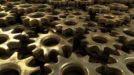 Obraz premium Gears interlocking in a field, used to show connection or cooperation, with shallow depth of field