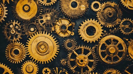 Gears layered on a dark surface. Could represent mechanics, engineering, or a complex system in background