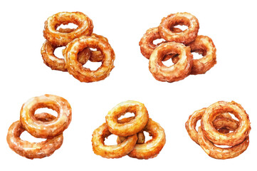 Watercolor set of onion rings fries. Onion rings fried in deep fat with a crispy crust. Fast food and fast food concept. Vector illustration.