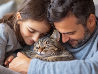 Heartwarming Family Bonding with Beloved Cat: Joyful Indoor Portrait of Loving Father, Smiling Daughter, and Furry Companion
