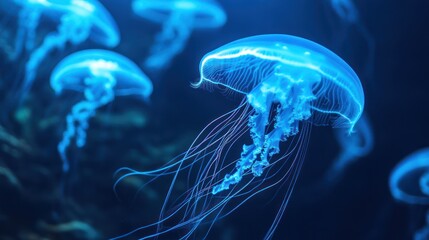 Fototapeta premium Glowing blue jellyfish gracefully swimming through dark mysterious ocean water