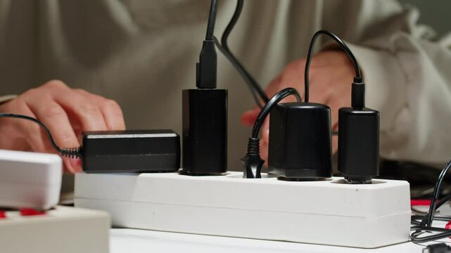 White power strip with many various of cords and cables in close-up. An extension cord with many power sockets. Adapter with phone, headphones, usb connectors.Tangled wires on table. Trying to