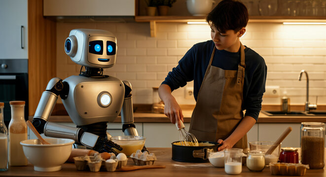 Teen male baking with robot in cozy kitchen setting