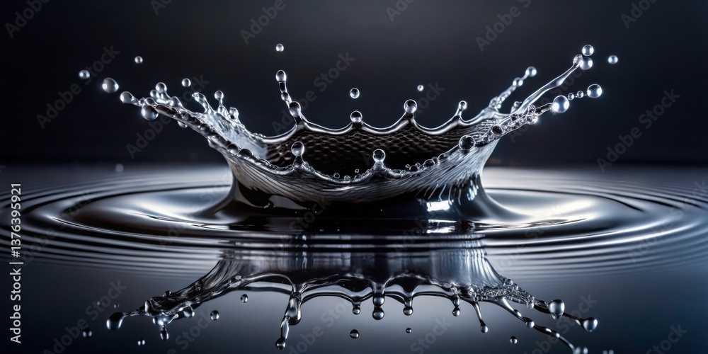 Poster a stunning liquid impact water droplet creating a crown-shaped splash with symmetrical reflection on