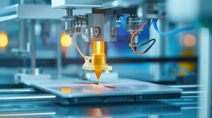 Futuristic printer extruding gigapixel standard technology lab close-up shot industrial environment high-tech viewpoint