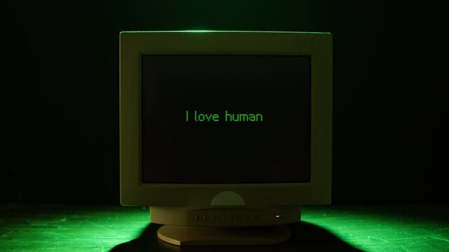 Retro pc with loading code console, programmer making scripts, green basic screen, Old computer studio close-up, Desktop vintage retro wave display, late 90s PC.