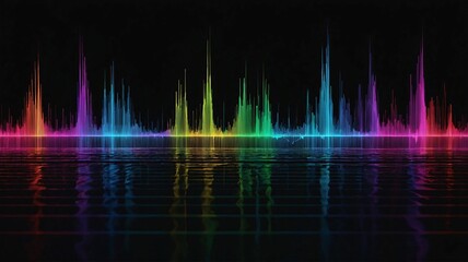 Colorful sound wave visualizer with vibrant peaks and reflective water surface.