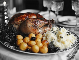 Thanksgiving feast preparation dining room food photography elegant setting close-up culinary delight
