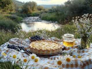 Picnic gathering with fruit pie riverbank outdoor setting nature vibe relaxed perspective enjoying freshness