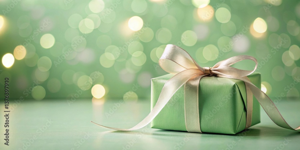 Poster a delicately wrapped present with a pale green package and a beige ribbon sits on a softly lit surfa