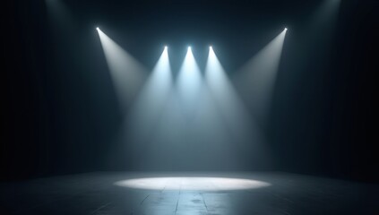 stage illuminated by bright spotlights, casting a dramatic glow on the empty space.  The spotlights create a focal point in the center, with beams of light spreading outwards.  The background is dark 