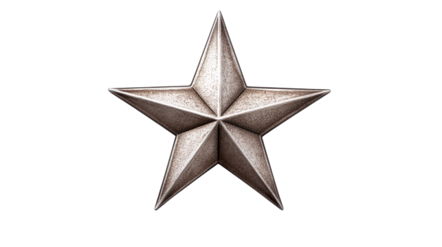 Metallic five pointed star on a transparent background for decor
