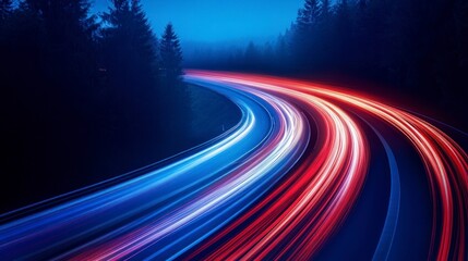 Car Light Trails on Highway at Night Through Forest Landscape