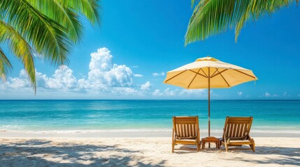 Relaxing Beach Chairs Under Umbrella on Tropical Sandy Beach Scenery