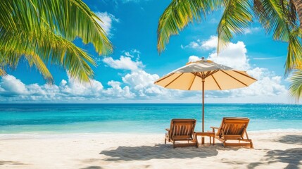 Fototapeta premium Tropical Beach with Lounge Chairs and Umbrella Under Palm Trees