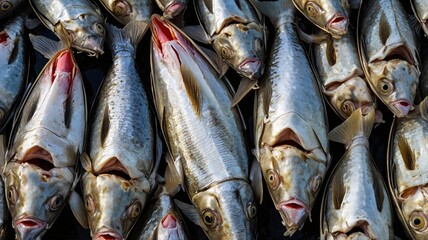 Obraz premium A close-up view of freshly caught fish, showcasing their silvery scales and open mouths, creating a striking marine display.