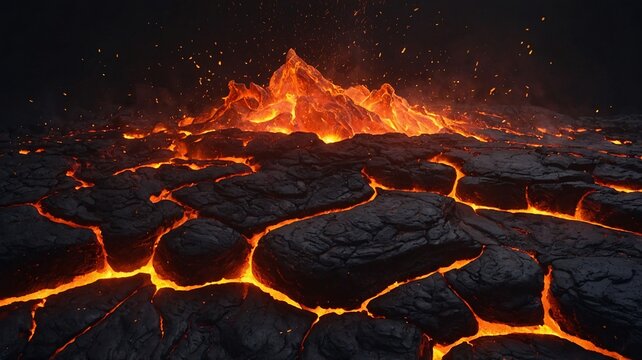 Molten lava erupts vibrantly, illuminating the dark landscape with fiery hues and dramatic textures.