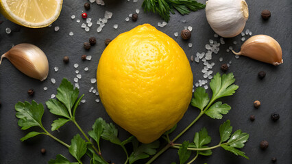 vibrant lemon surrounded by fresh herbs, garlic, and spices creates delightful culinary scene. bright yellow color contrasts beautifully with dark