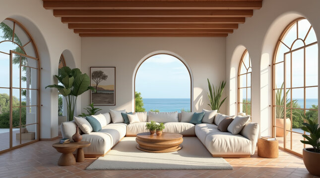 Modern living room of Mediterranean villa-inspired living room with arched doorways, terracotta tiles, and a framed mockup with a landscape painting. Large windows ooffer views of the sea