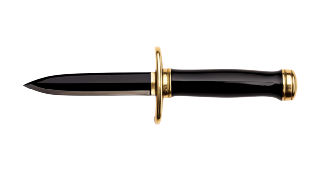 Elegant dagger with a black blade and golden accents displayed
