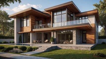 Fototapeta premium Modern architectural marvel showcasing a chic, two-story house with large windows and natural wood accents.