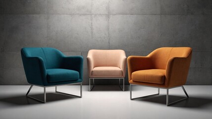 Three modern armchairs in vibrant colors: teal, peach, and orange, set against a minimalist gray concrete wall.