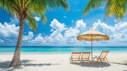 Relaxing Beach Scene with Palm Tree, Umbrella, and Lounge Chairs