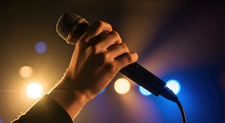 Hand holding mic with concert stage.