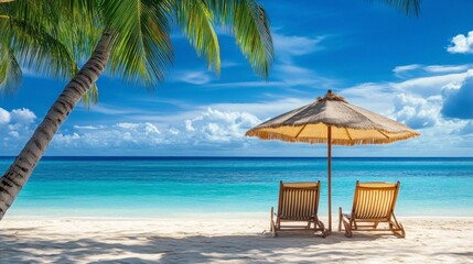 Relaxing Beach Chairs Under Umbrella with Palm Trees and Blue Sky