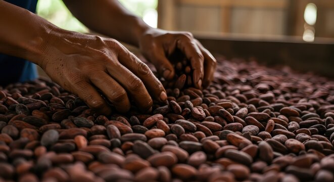 Hands sorting cocoa beans with farm.