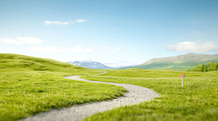 Obraz premium serene landscape with winding path leading through lush green fields and distant mountains under clear blue sky