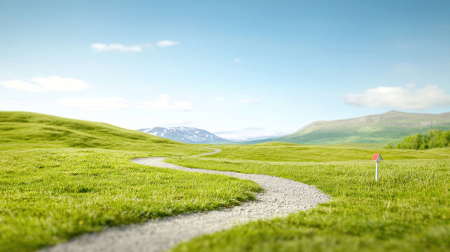 serene landscape with winding path leading through lush green fields and distant mountains under clear blue sky