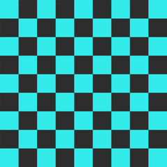 Seamless black and turquoise chess checkered grid pattern in Memphis style. Geometric vector design for backgrounds and wallpapers. Minimal aesthetics with flag elements and modern hipster appeal