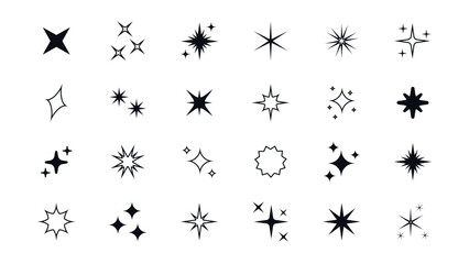 Set of star sparkle shapes with neon glow. Abstract shine effect vector icons in retro futuristic style. Twinkling stars, flashes, and bursts for creative design elements on a transparent bg