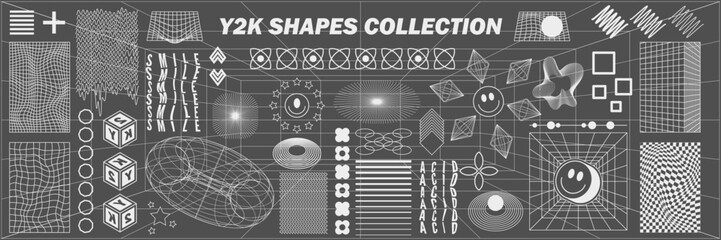 Abstract geometry hud wireframe shapes and patterns, cyberpunk elements, icon s and perspective grid s. Surreal geometric signs. Rave psychedelic futuristic Y2k acid aesthetic set. Vector illustration