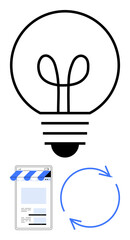 Light bulb symbolizing ideas, website interface for online presence, and circular arrows for process or growth. Ideal for business, creativity, innovation, marketing, technology, web design workflow