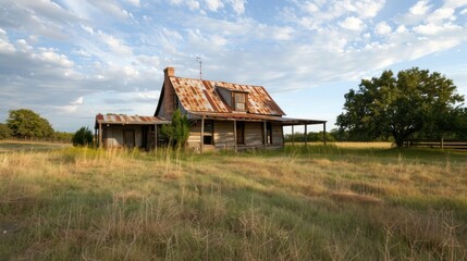 Obraz premium Rustic farmhouse with a barn and wide open fields.